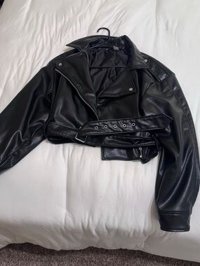 H&M Black Vegan Leather Cropped Biker Jacket